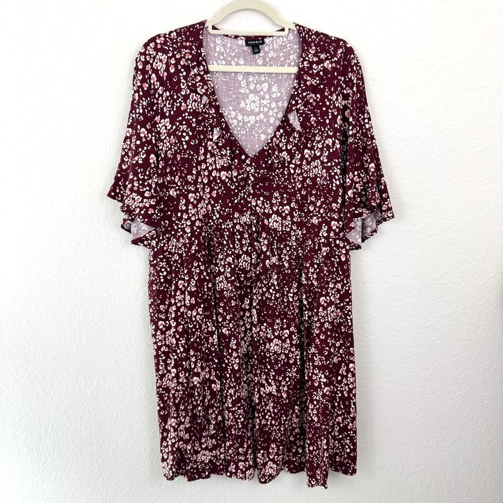 Torrid Womens Rayon Slub Ruffle Neckline MIni Dress Sz 1X Floral Lightweight Red